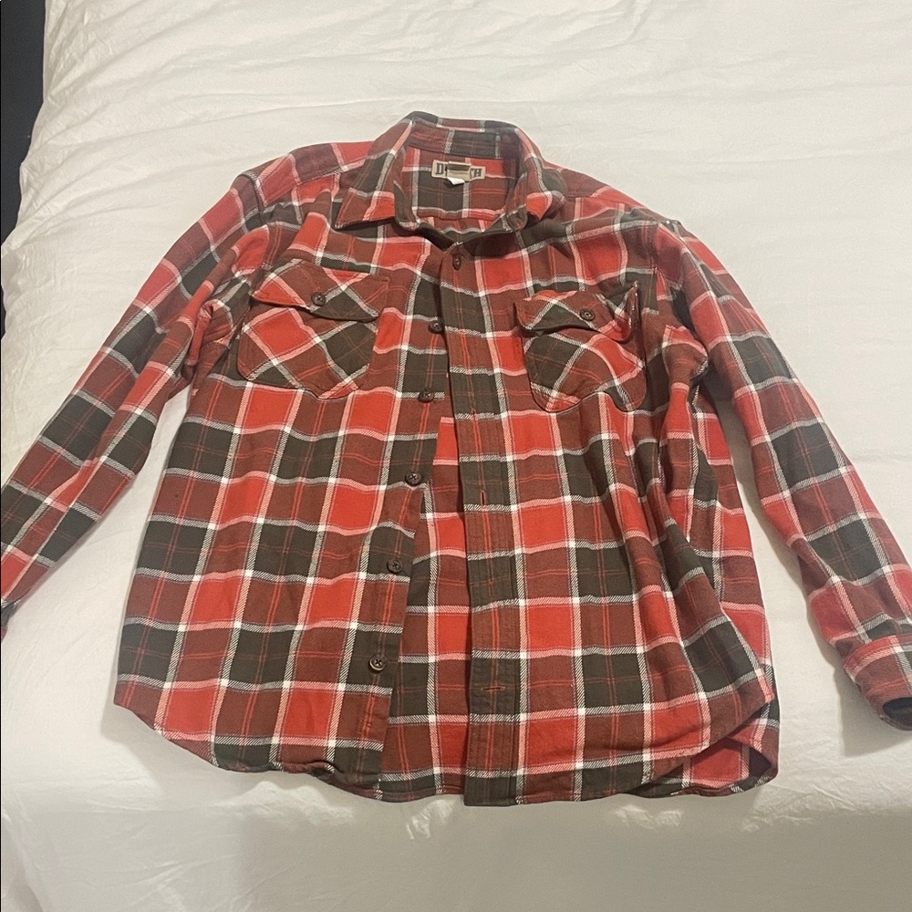 Duluth Trading Co Orange/Red and Brown Plaid Shirt